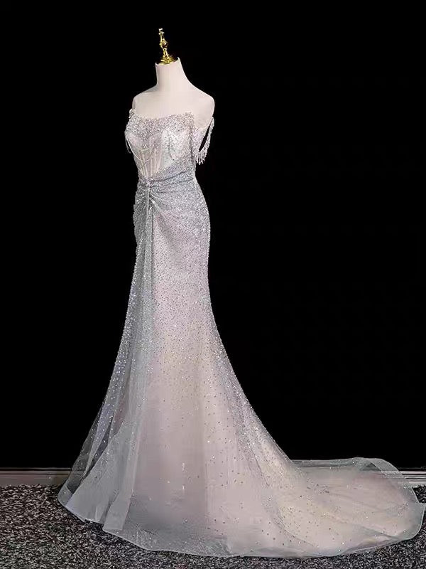 Luxury Ice Blue Crystal Beaded Strapless Mermaid Evening Gown with Sweep Train SL138