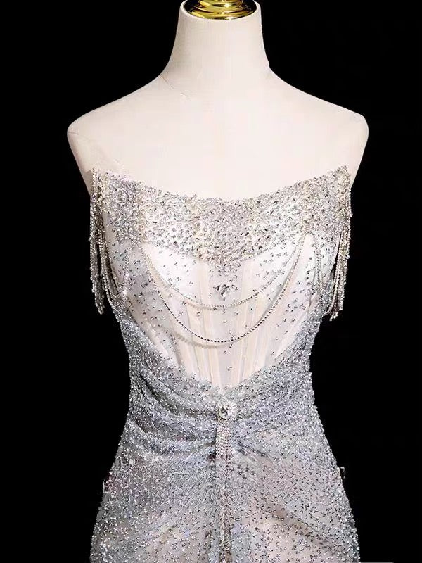 Luxury Ice Blue Crystal Beaded Strapless Mermaid Evening Gown with Sweep Train SL138