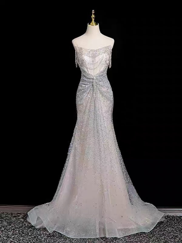 Luxury Ice Blue Crystal Beaded Strapless Mermaid Evening Gown with Sweep Train SL138