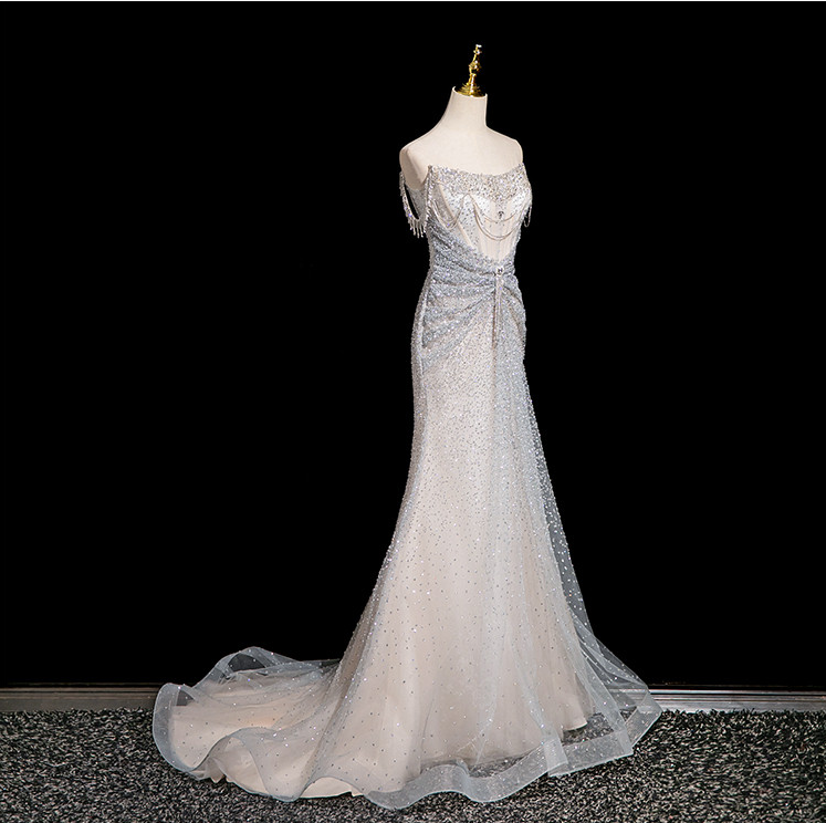 Luxury Ice Blue Crystal Beaded Strapless Mermaid Evening Gown with Sweep Train SL138