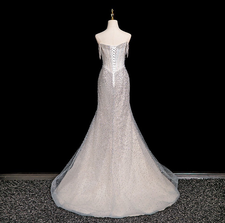 Luxury Ice Blue Crystal Beaded Strapless Mermaid Evening Gown with Sweep Train SL138