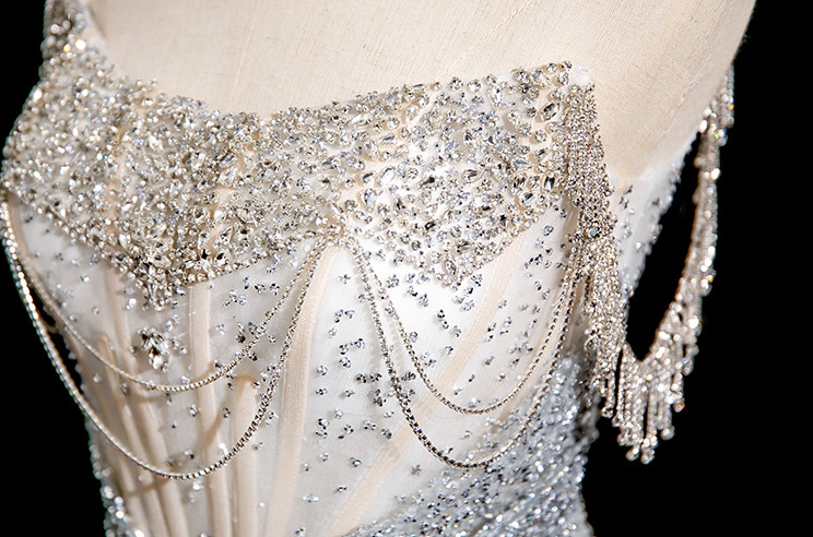 Luxury Ice Blue Crystal Beaded Strapless Mermaid Evening Gown with Sweep Train SL138