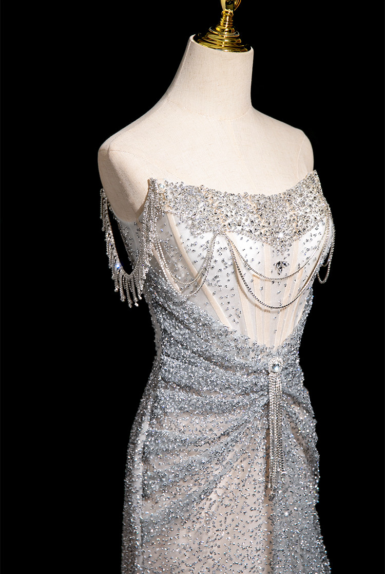 Luxury Ice Blue Crystal Beaded Strapless Mermaid Evening Gown with Sweep Train SL138