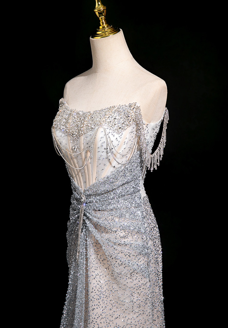 Luxury Ice Blue Crystal Beaded Strapless Mermaid Evening Gown with Sweep Train SL138