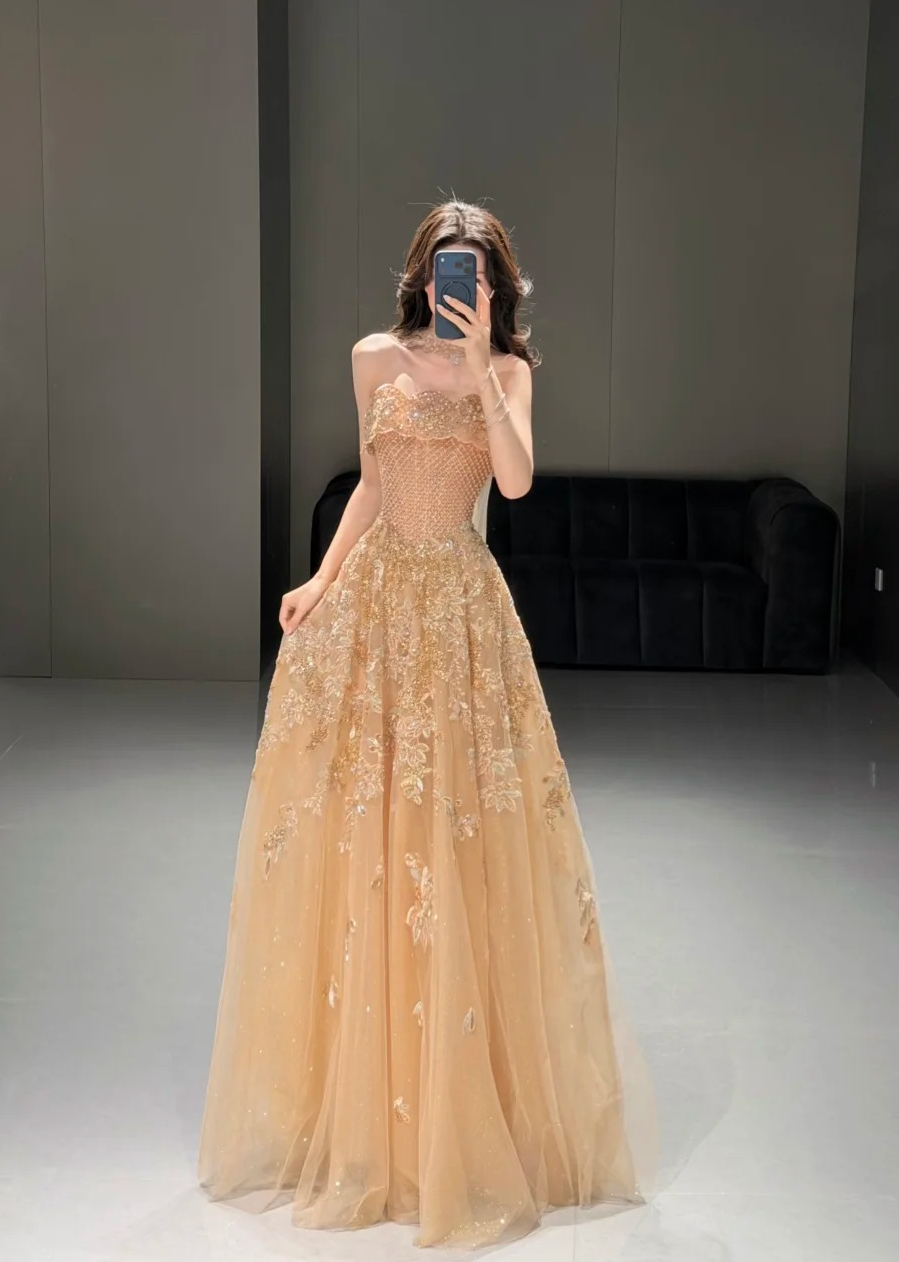 SL218 Champagne Gold Strapless Crystal Embellished Evening Gown