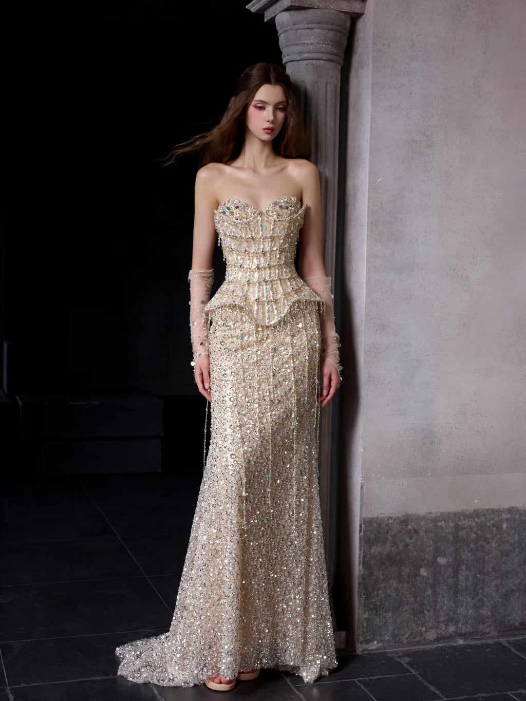 Glamorous Heavy Beaded Peplum Corset Dress with Sheer Beaded Sleeves SL234