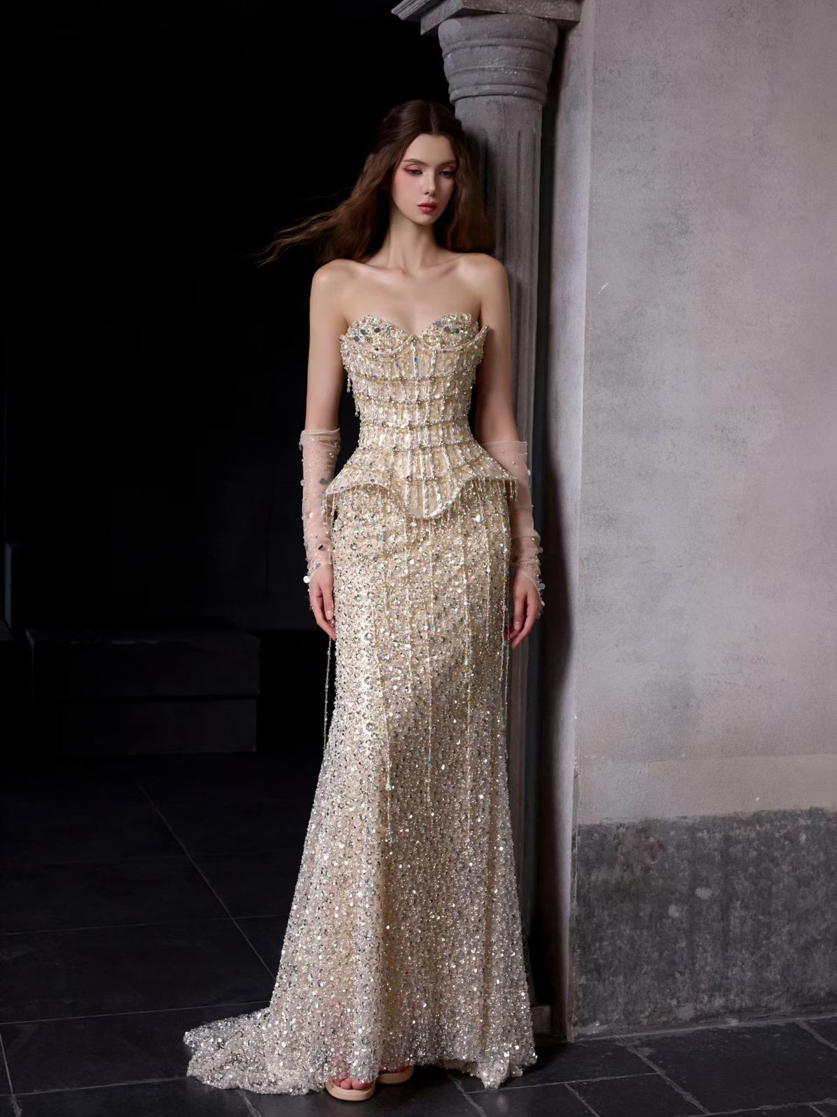 Glamorous Heavy Beaded Peplum Corset Dress with Sheer Beaded Sleeves SL234