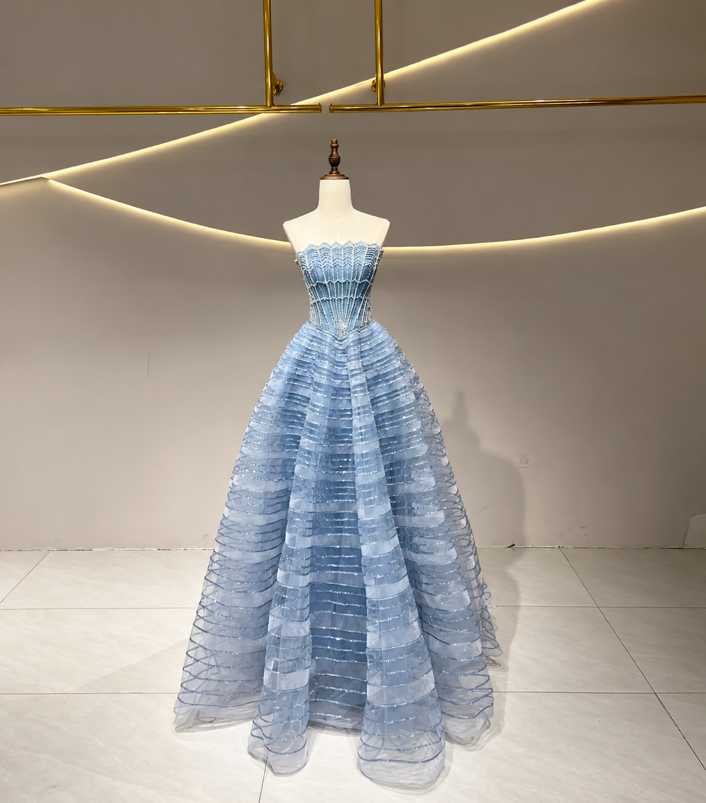 SL229 Blue Beaded Corset Tiered Glitter Ball Gown Evening Dress
