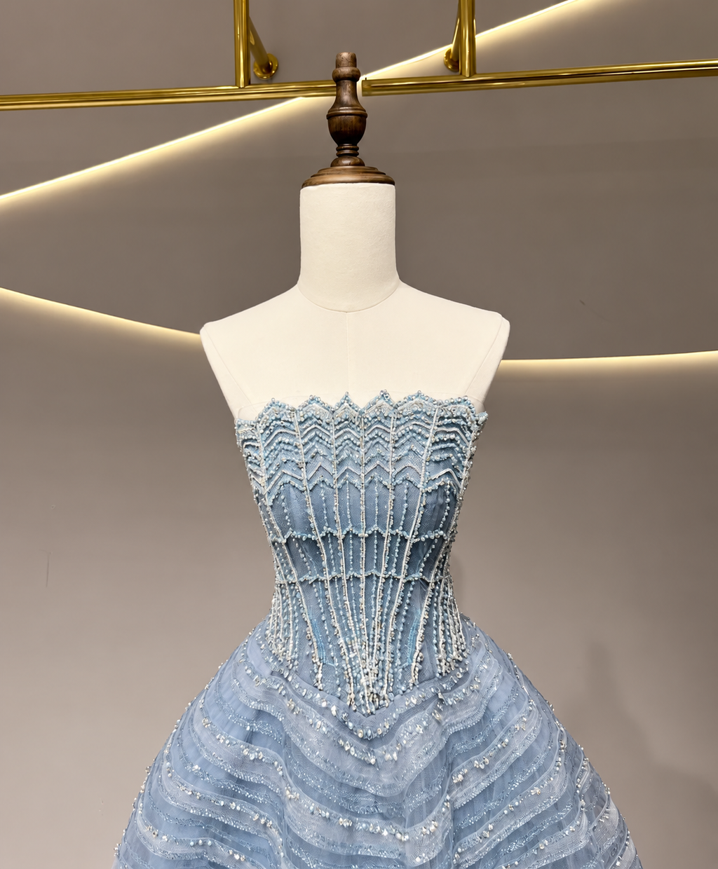 SL229 Blue Beaded Corset Tiered Glitter Ball Gown Evening Dress