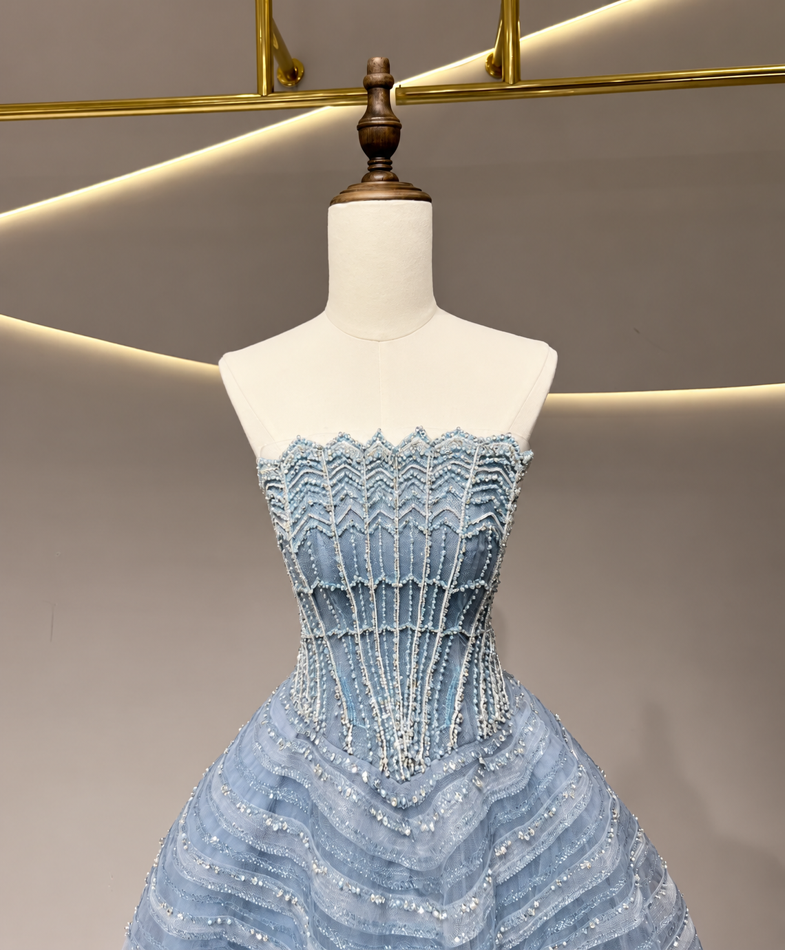 SL229 Blue Beaded Corset Tiered Glitter Ball Gown Evening Dress