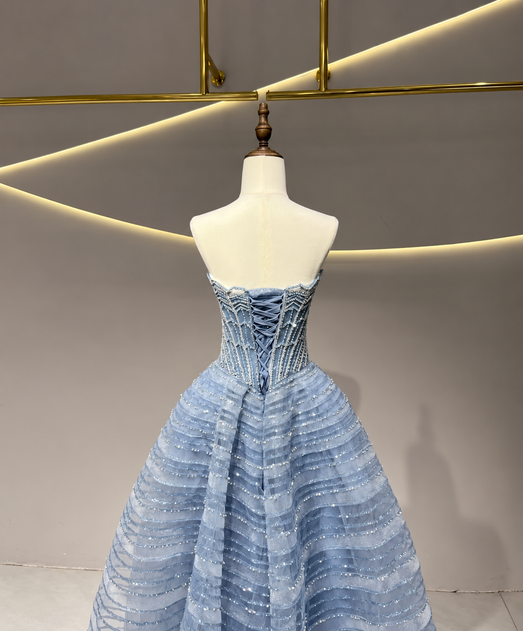 SL229 Blue Beaded Corset Tiered Glitter Ball Gown Evening Dress