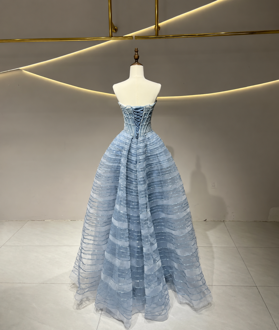 SL229 Blue Beaded Corset Tiered Glitter Ball Gown Evening Dress