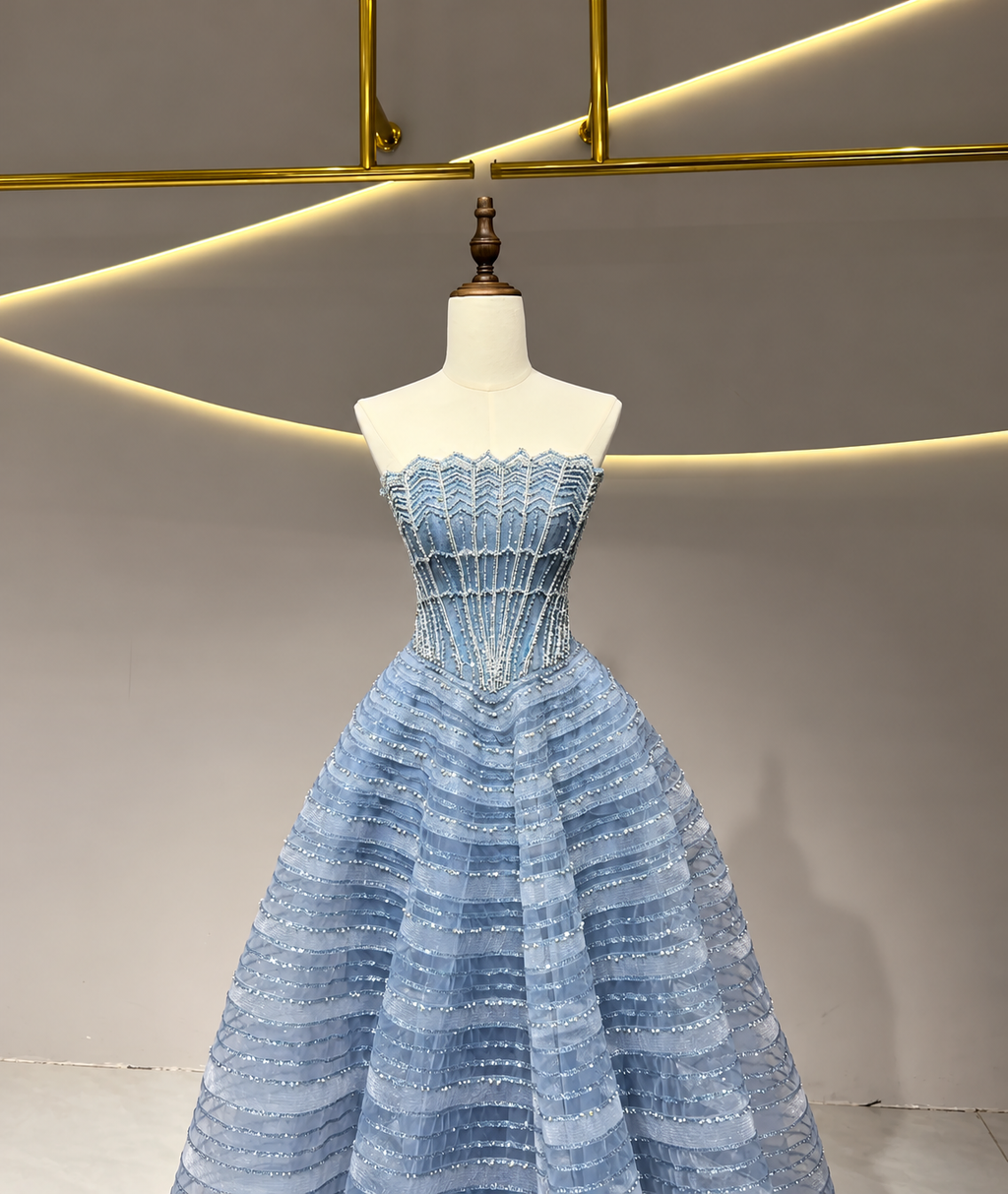SL229 Blue Beaded Corset Tiered Glitter Ball Gown Evening Dress