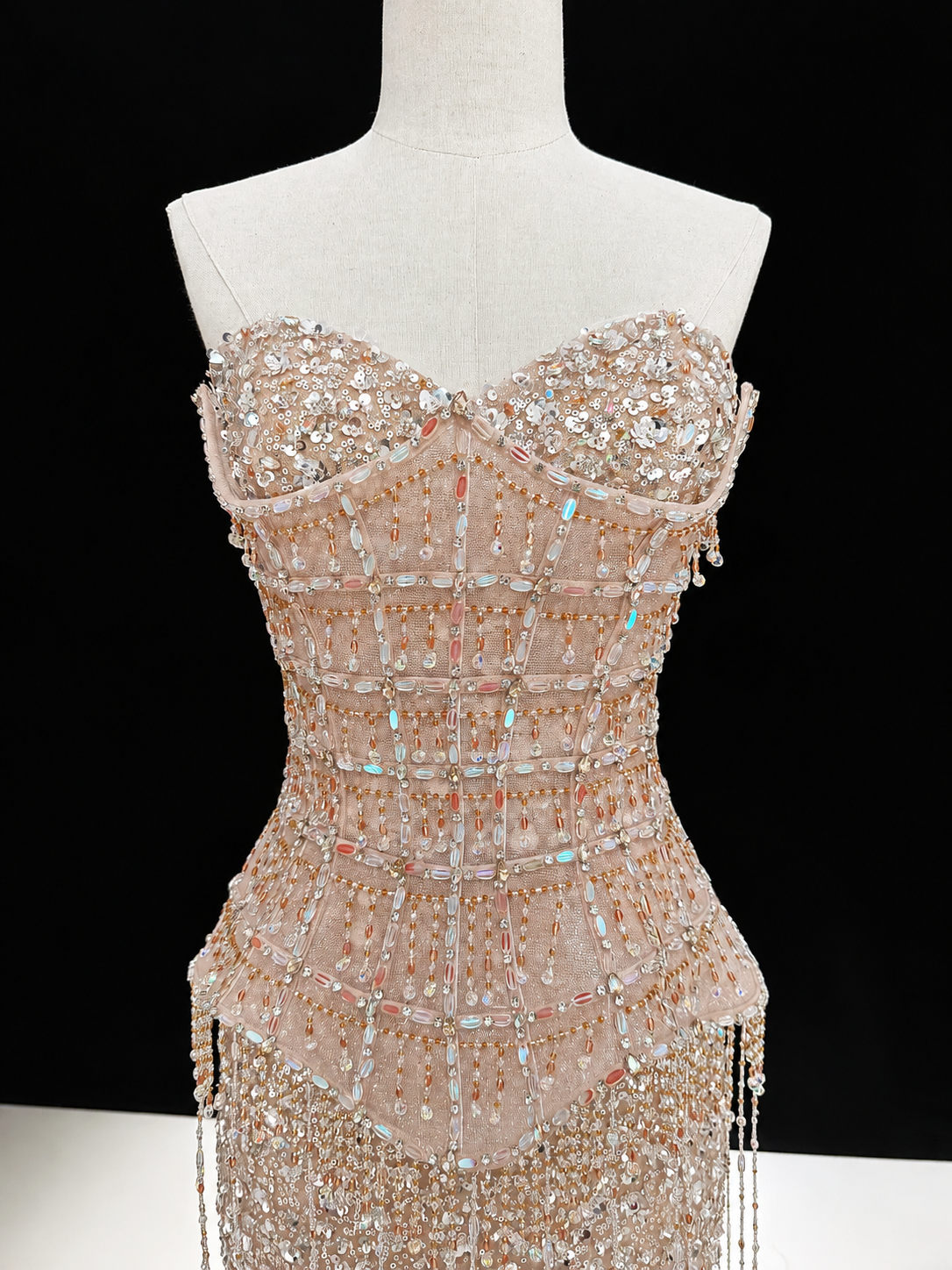 Glamorous Heavy Beaded Peplum Corset Dress with Sheer Beaded Sleeves SL234