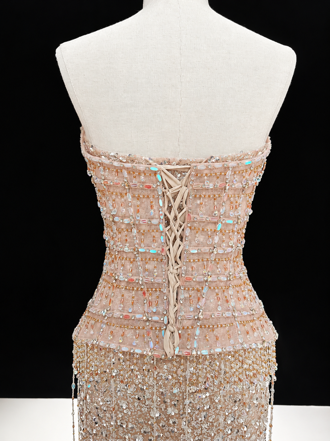 Glamorous Heavy Beaded Peplum Corset Dress with Sheer Beaded Sleeves SL234