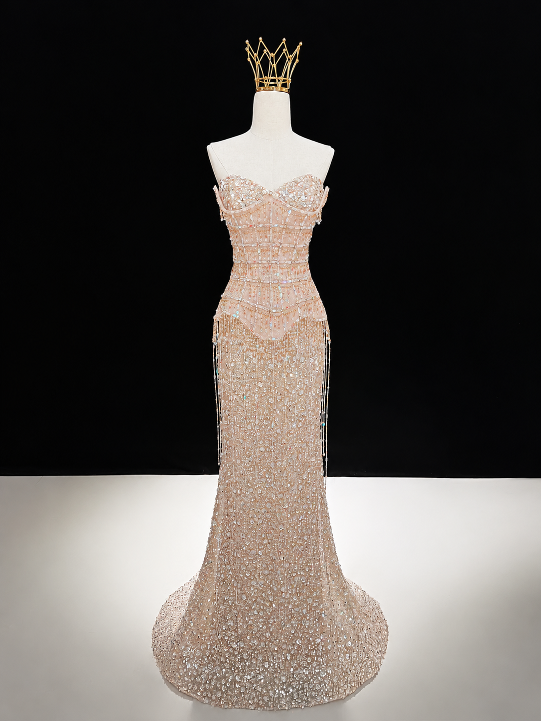 Glamorous Heavy Beaded Peplum Corset Dress with Sheer Beaded Sleeves SL234