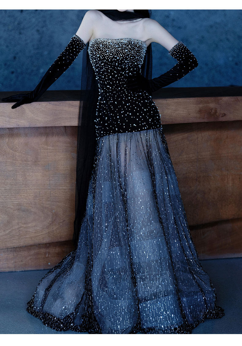Luxury Black Pearl Embellished Midnight Princess Evening Dress YJ122