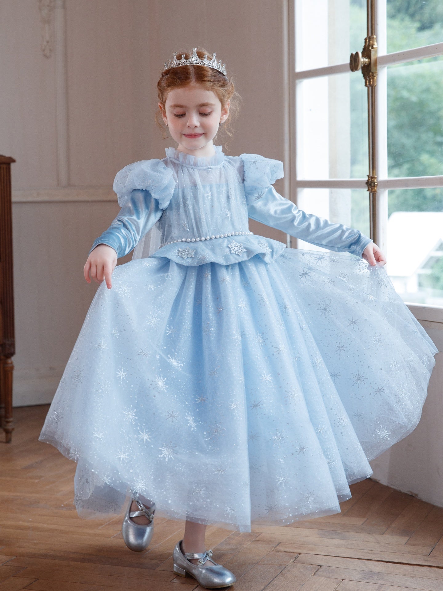 New Arrival Girls' Light Blue Sequin Tulle Dress Premium Puffy Christmas Birthday Formal Wear