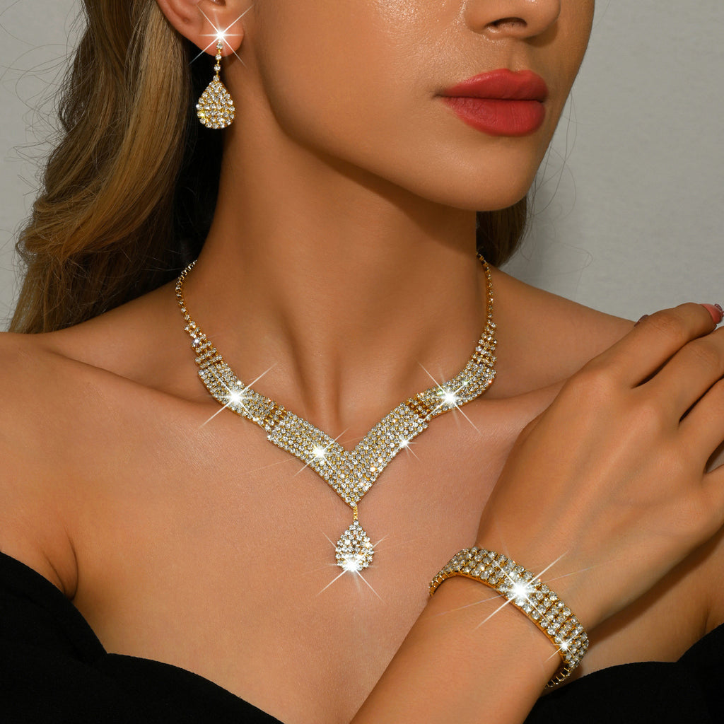 Luxury Gold Rhinestone Jewelry Set for Women Bridal Necklace Earrings Bracelet Ring Gift