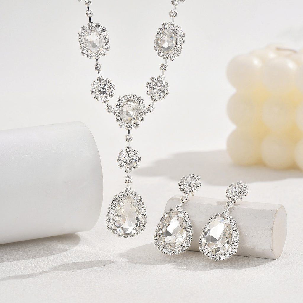 Silver Crystal Rhinestone Jewelry Set Teardrop Necklace Bracelet Earrings for Wedding or Party