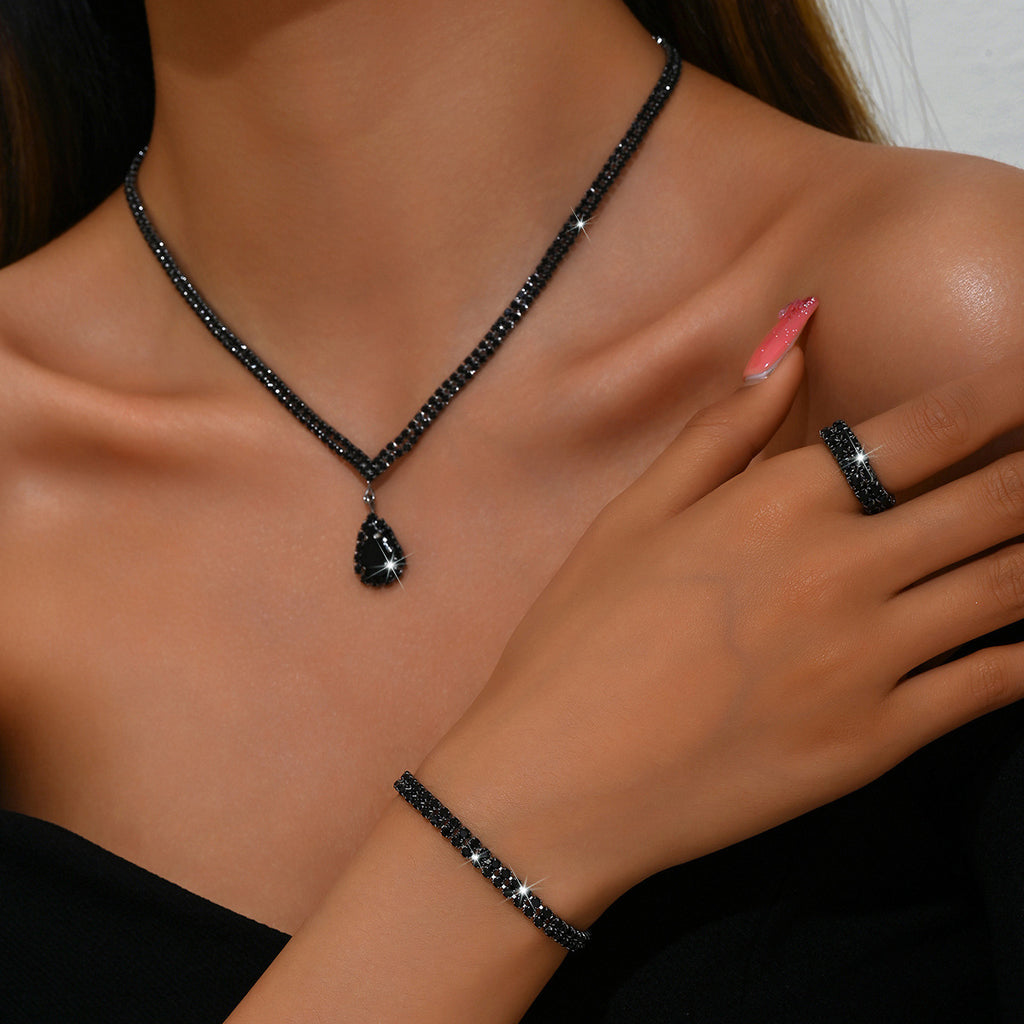 4 Piece Gold Rhinestone Jewelry Set Necklace Earrings Bracelet and Ring for Brides