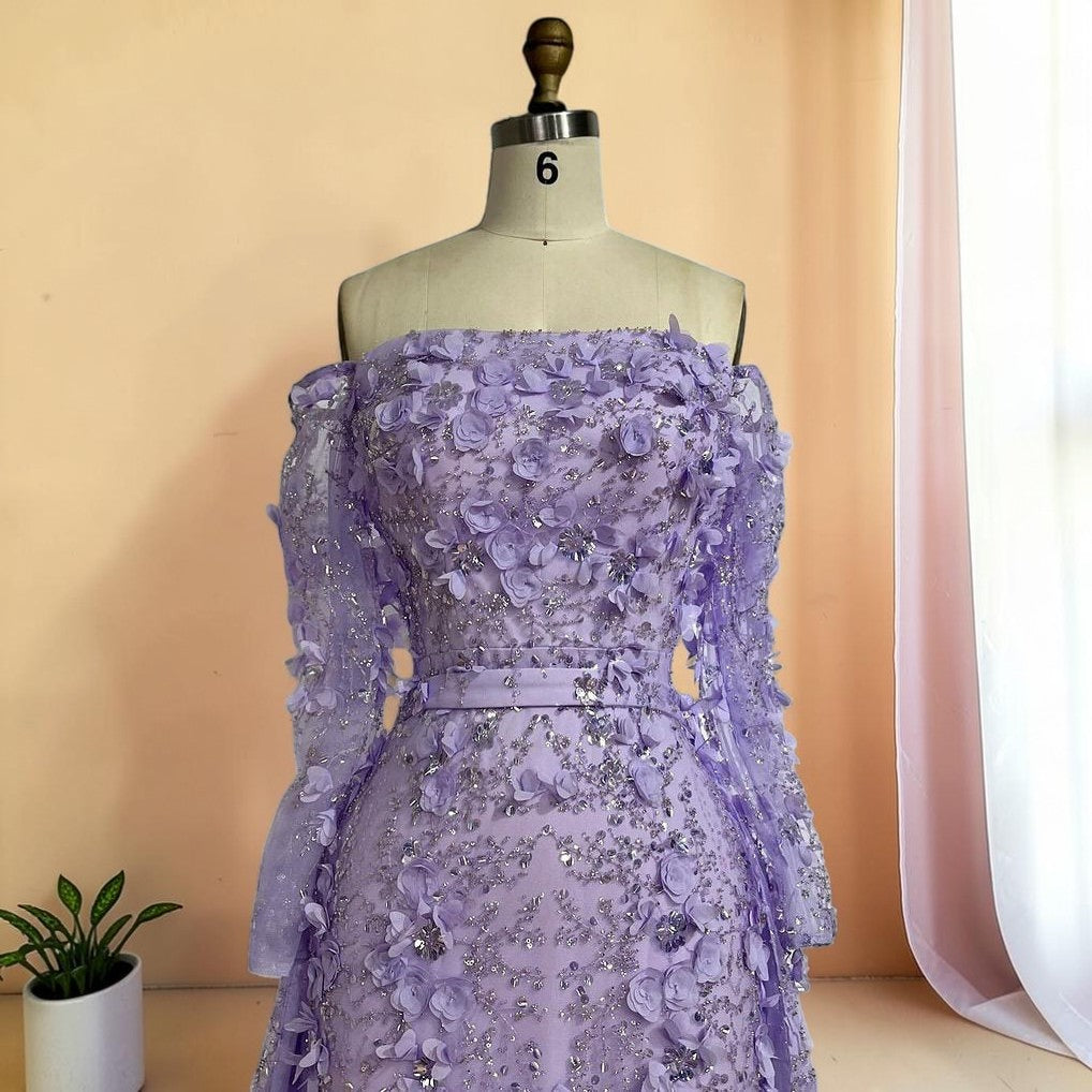 Elegent White Off-Shoulder 3D Floral Evening Gown with Sheer Sleeves SL200