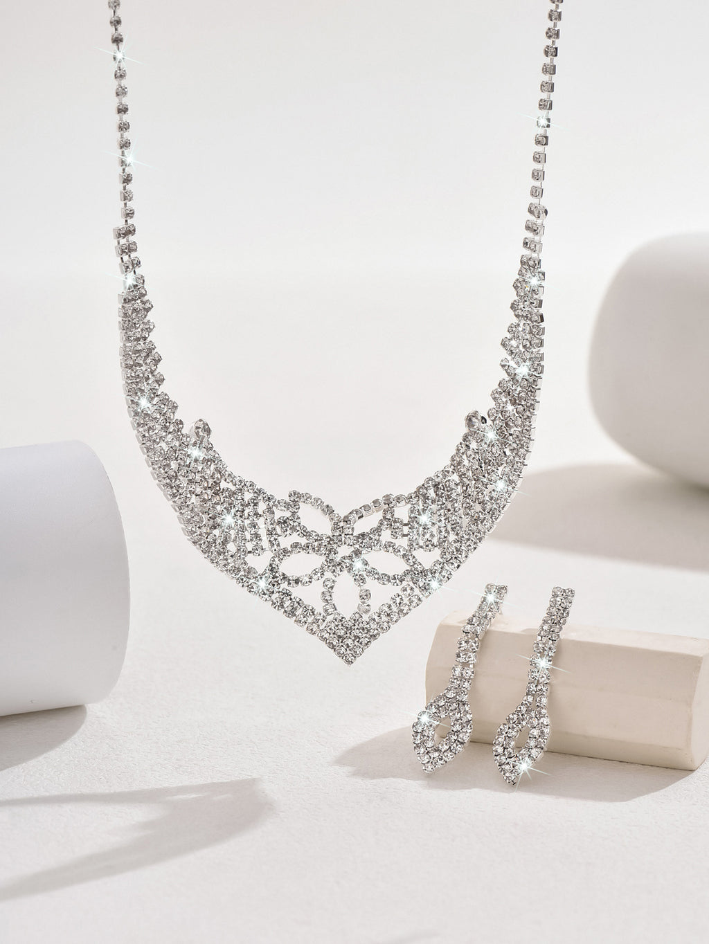 3 Piece Silver Rhinestone Jewelry Set Necklace Earrings and Bracelet for Brides