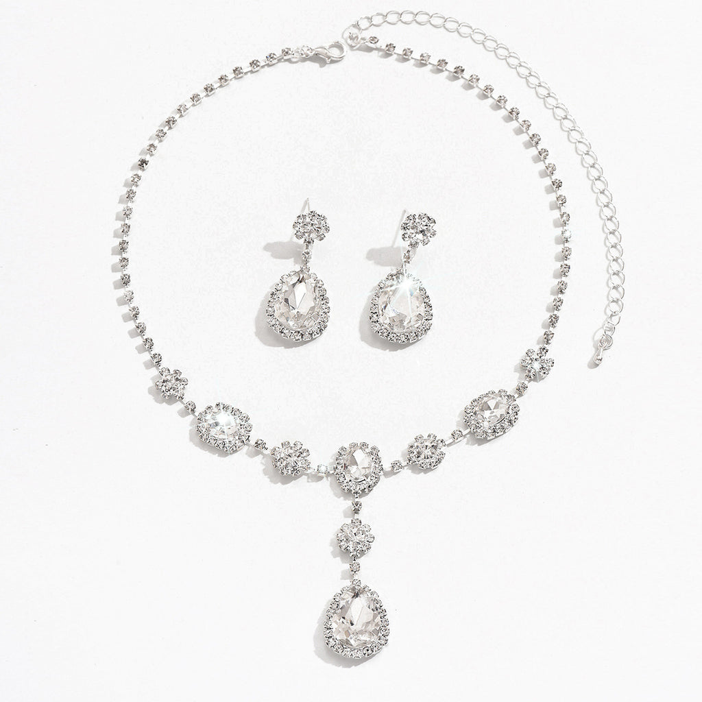 Silver Crystal Rhinestone Jewelry Set Teardrop Necklace Bracelet Earrings for Wedding or Party