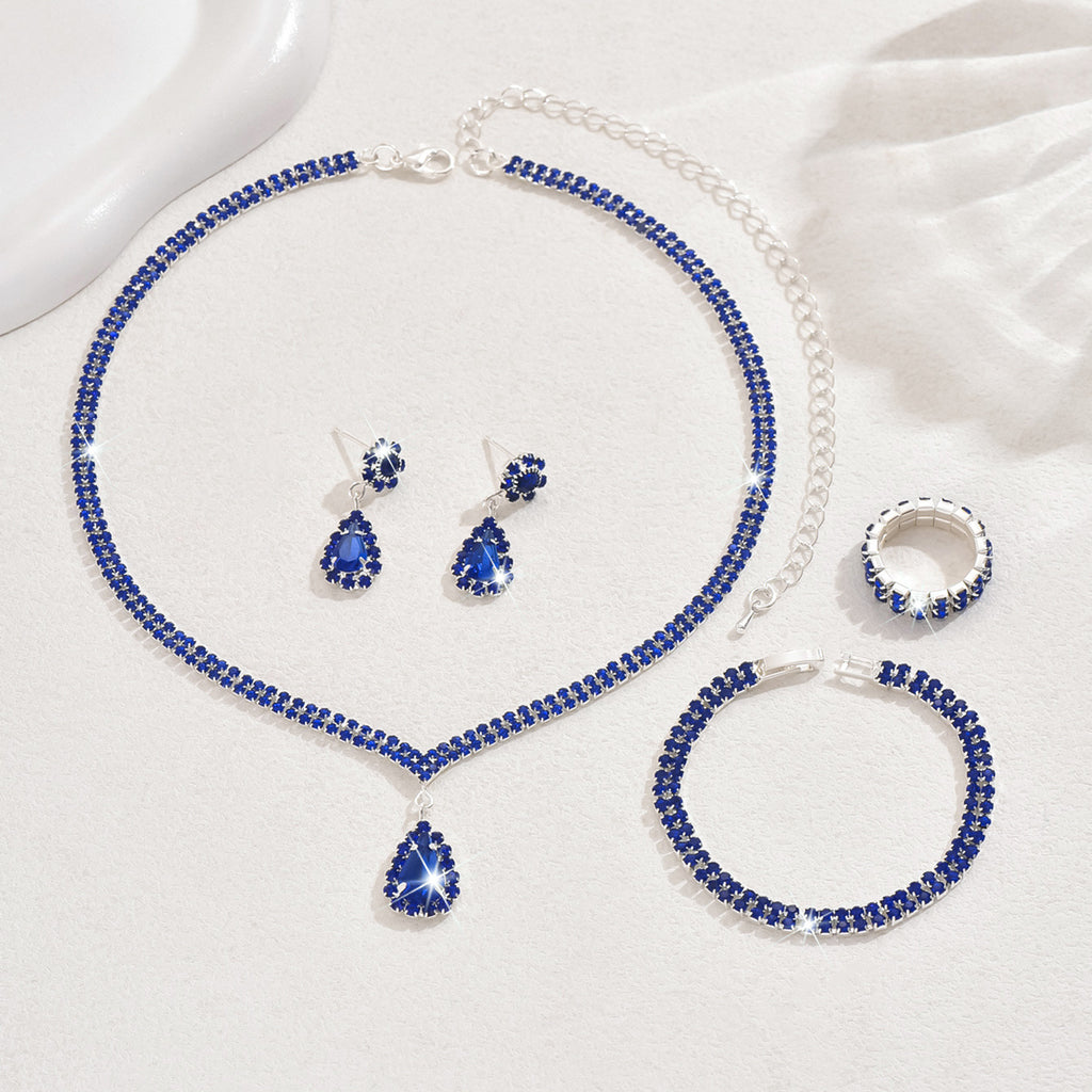 4 Piece Gold Rhinestone Jewelry Set Necklace Earrings Bracelet and Ring for Brides