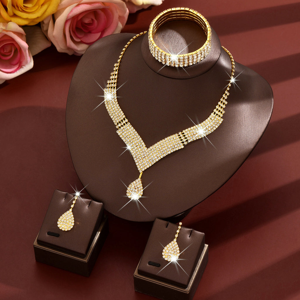Luxury Gold Rhinestone Jewelry Set for Women Bridal Necklace Earrings Bracelet Ring Gift