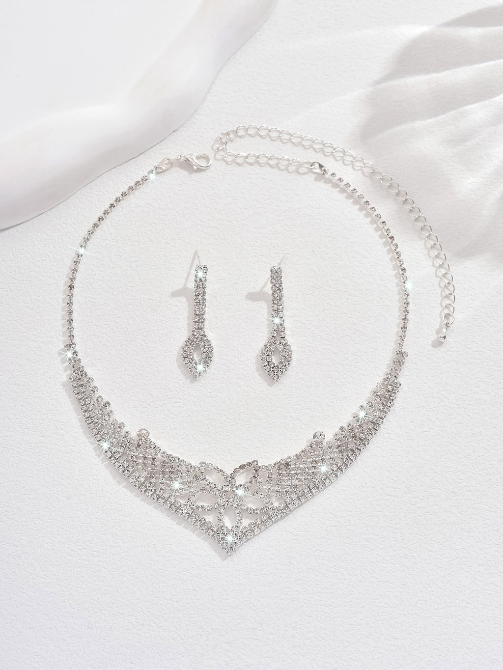 3 Piece Silver Rhinestone Jewelry Set Necklace Earrings and Bracelet for Brides