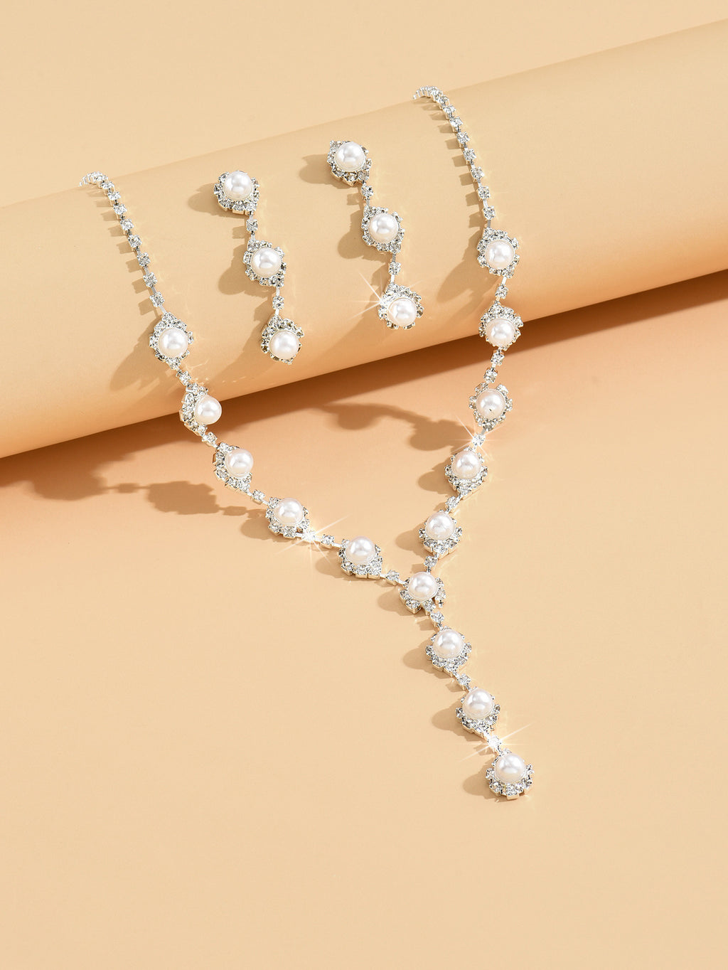 Gold Pearl Rhinestone Jewelry Set Necklace Bracelet Earrings for Wedding or Party