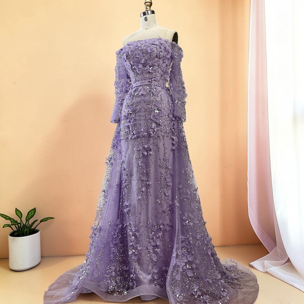 Elegent White Off-Shoulder 3D Floral Evening Gown with Sheer Sleeves SL200