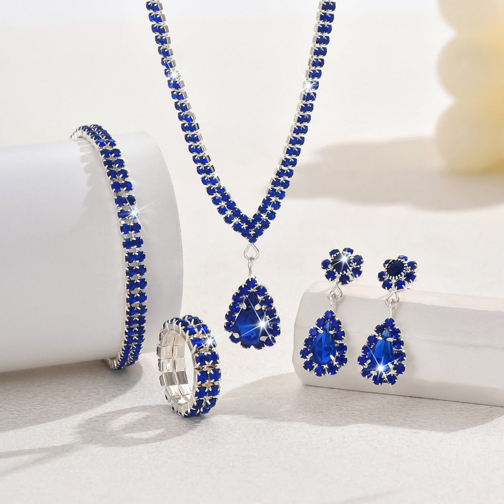 4 Piece Gold Rhinestone Jewelry Set Necklace Earrings Bracelet and Ring for Brides