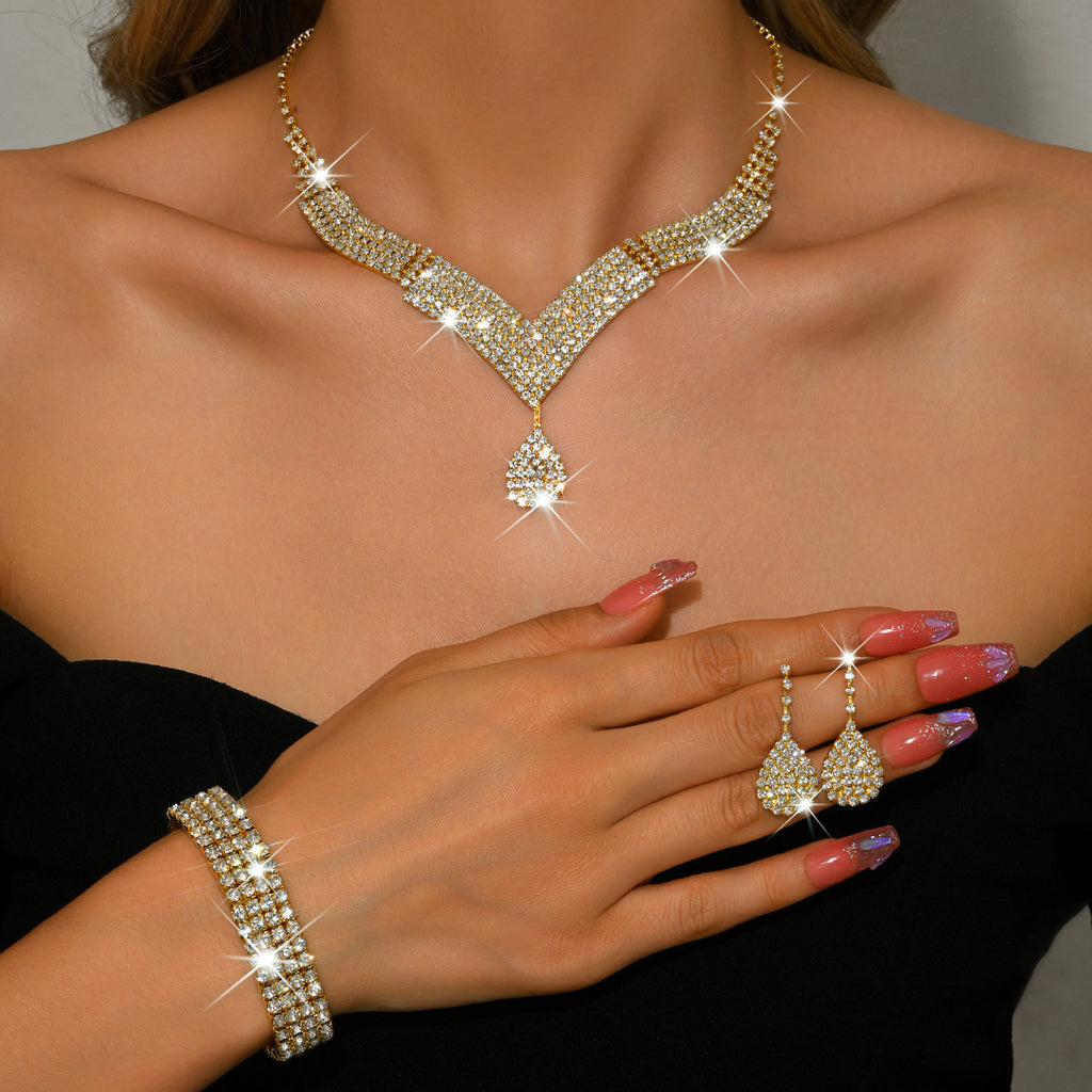 Luxury Gold Rhinestone Jewelry Set for Women Bridal Necklace Earrings Bracelet Ring Gift