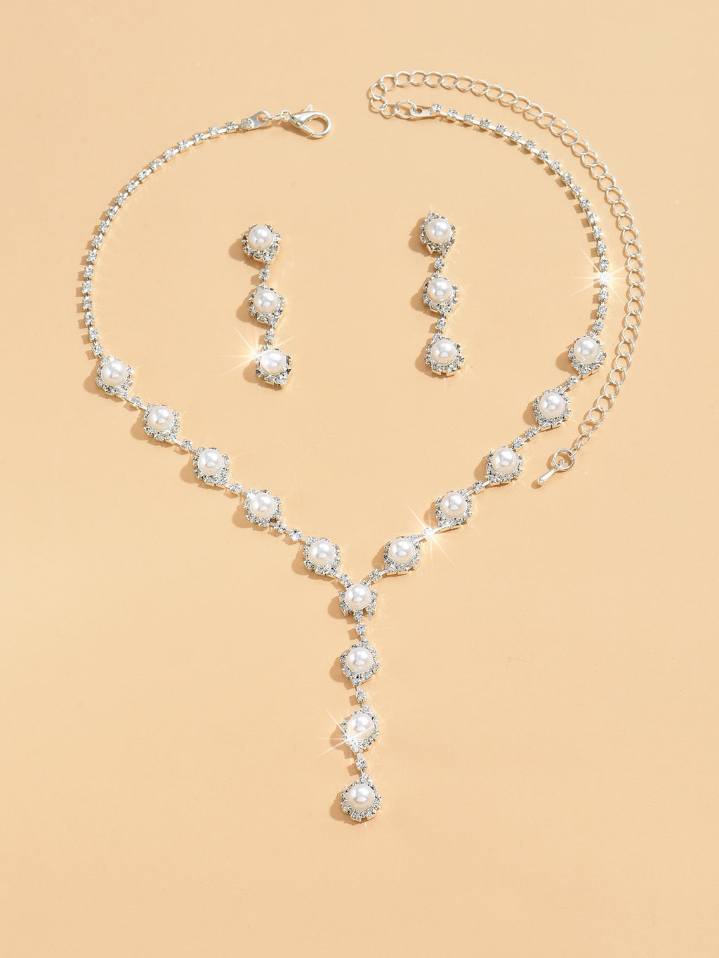 Gold Pearl Rhinestone Jewelry Set Necklace Bracelet Earrings for Wedding or Party