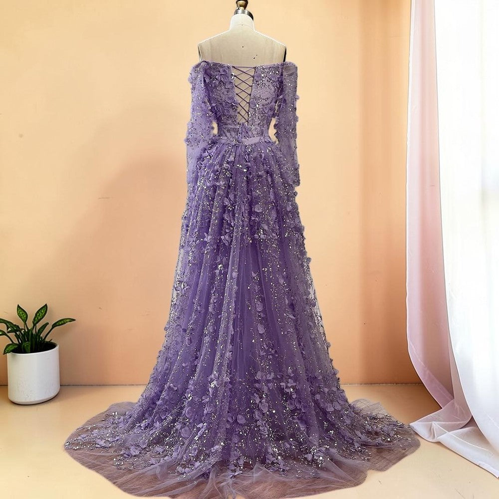 Elegent White Off-Shoulder 3D Floral Evening Gown with Sheer Sleeves SL200