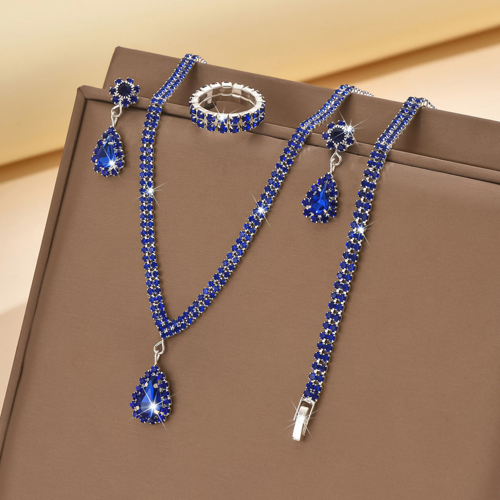 4 Piece Gold Rhinestone Jewelry Set Necklace Earrings Bracelet and Ring for Brides