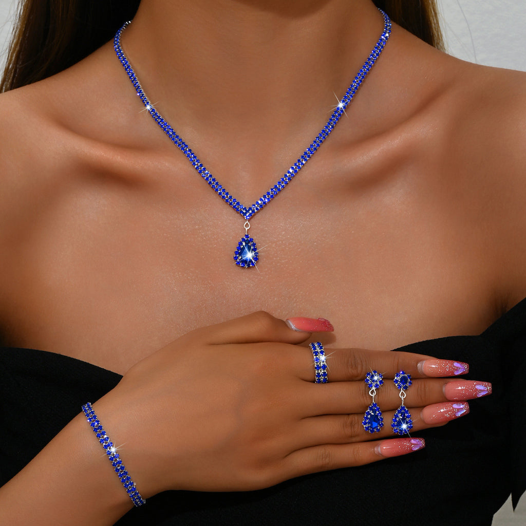 4 Piece Gold Rhinestone Jewelry Set Necklace Earrings Bracelet and Ring for Brides