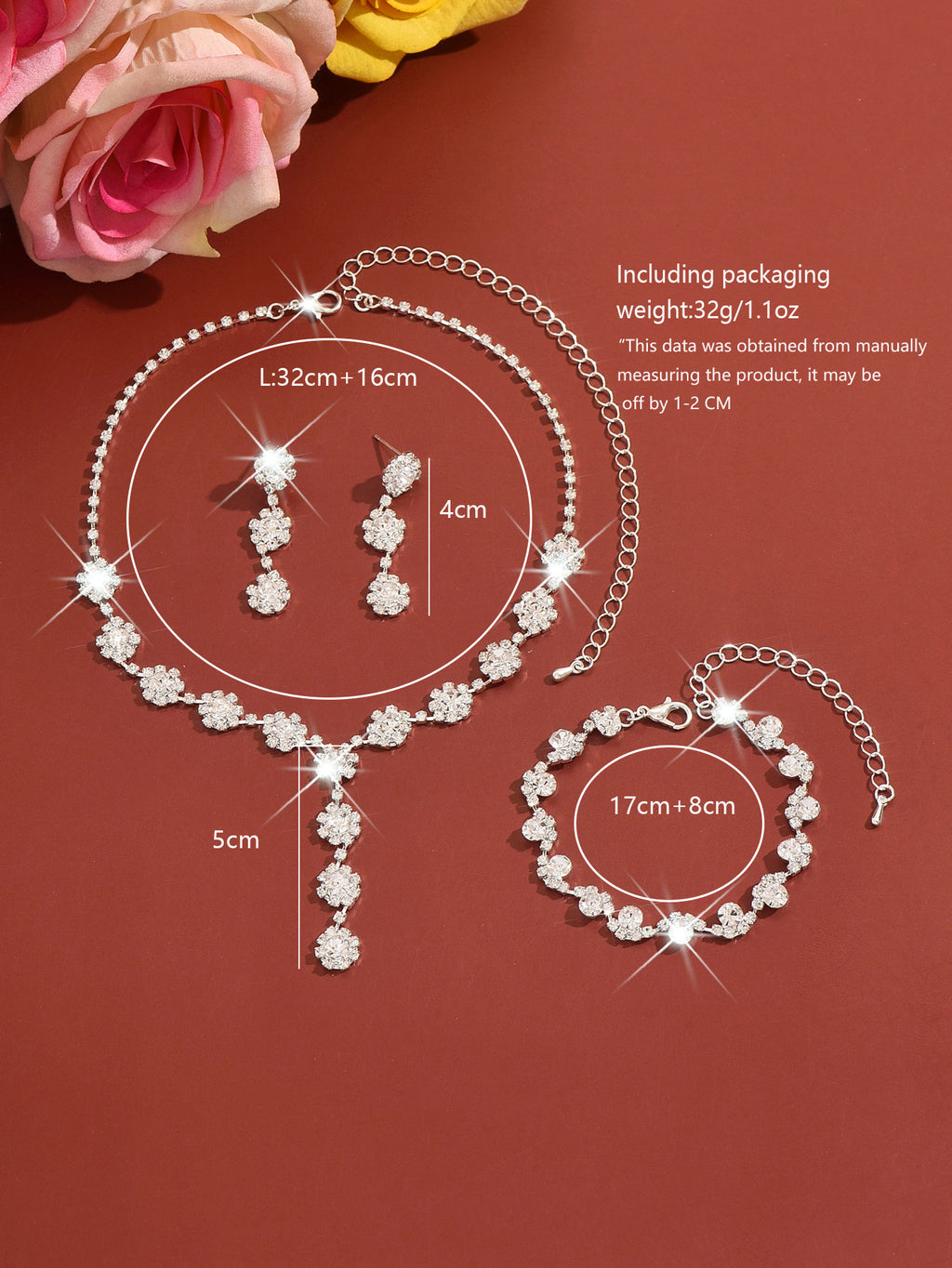 Gold Pearl Rhinestone Jewelry Set Necklace Bracelet Earrings for Wedding or Party