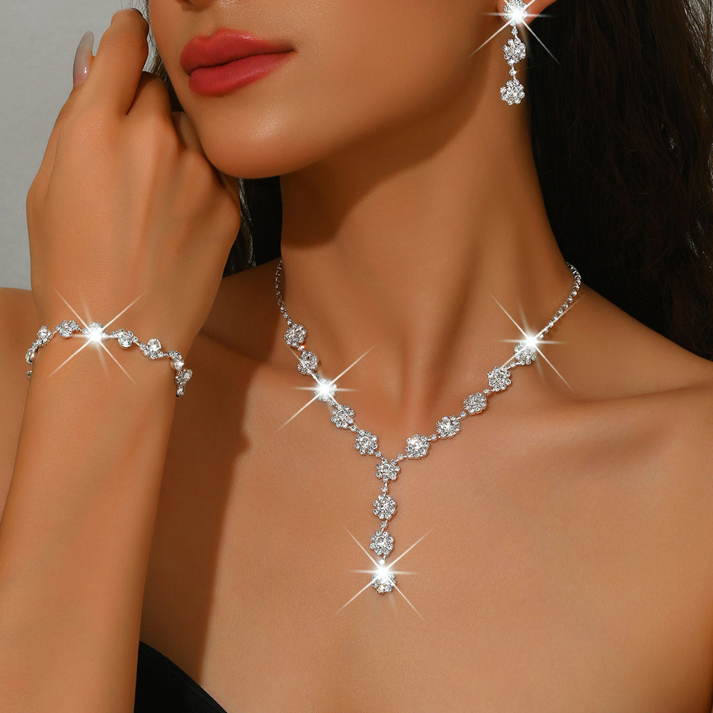 Gold Pearl Rhinestone Jewelry Set Necklace Bracelet Earrings for Wedding or Party