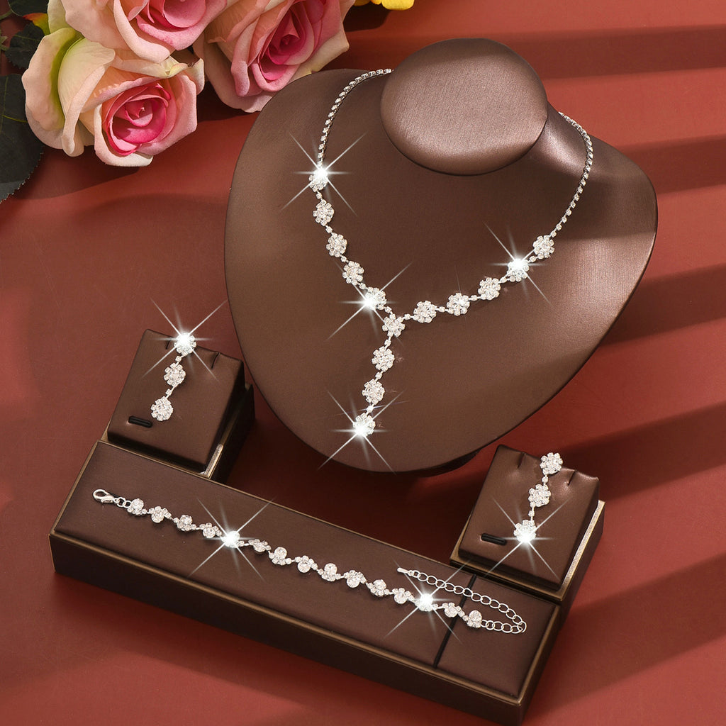 Gold Pearl Rhinestone Jewelry Set Necklace Bracelet Earrings for Wedding or Party