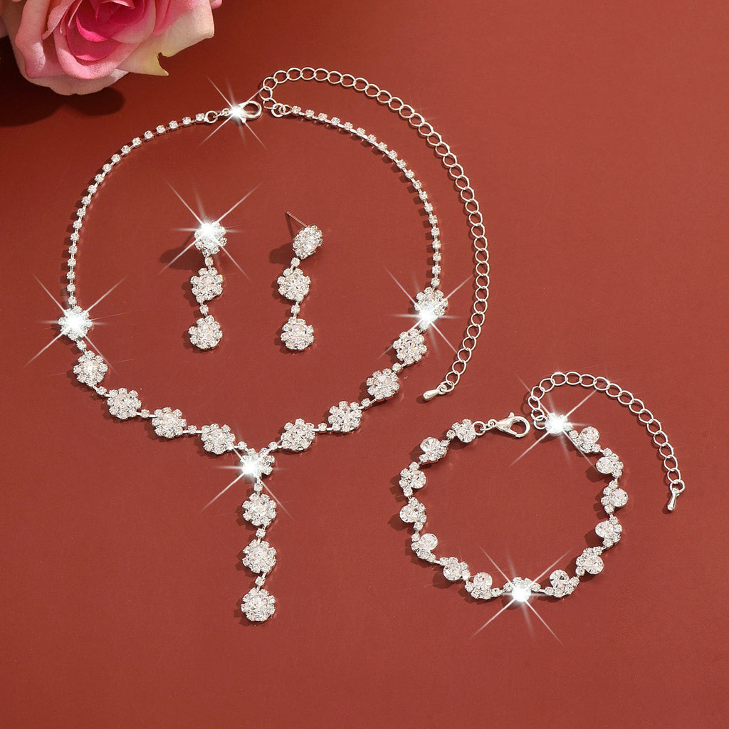 Gold Pearl Rhinestone Jewelry Set Necklace Bracelet Earrings for Wedding or Party