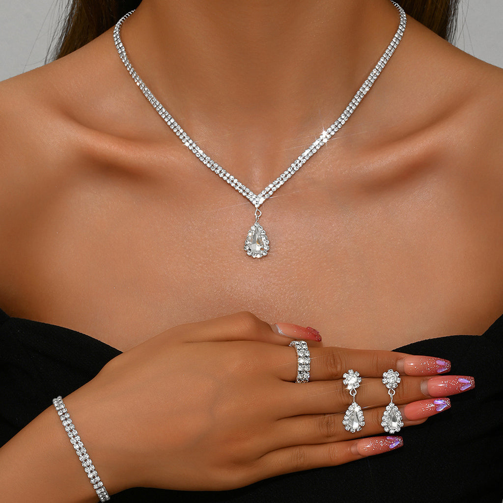 4 Piece Gold Rhinestone Jewelry Set Necklace Earrings Bracelet and Ring for Brides