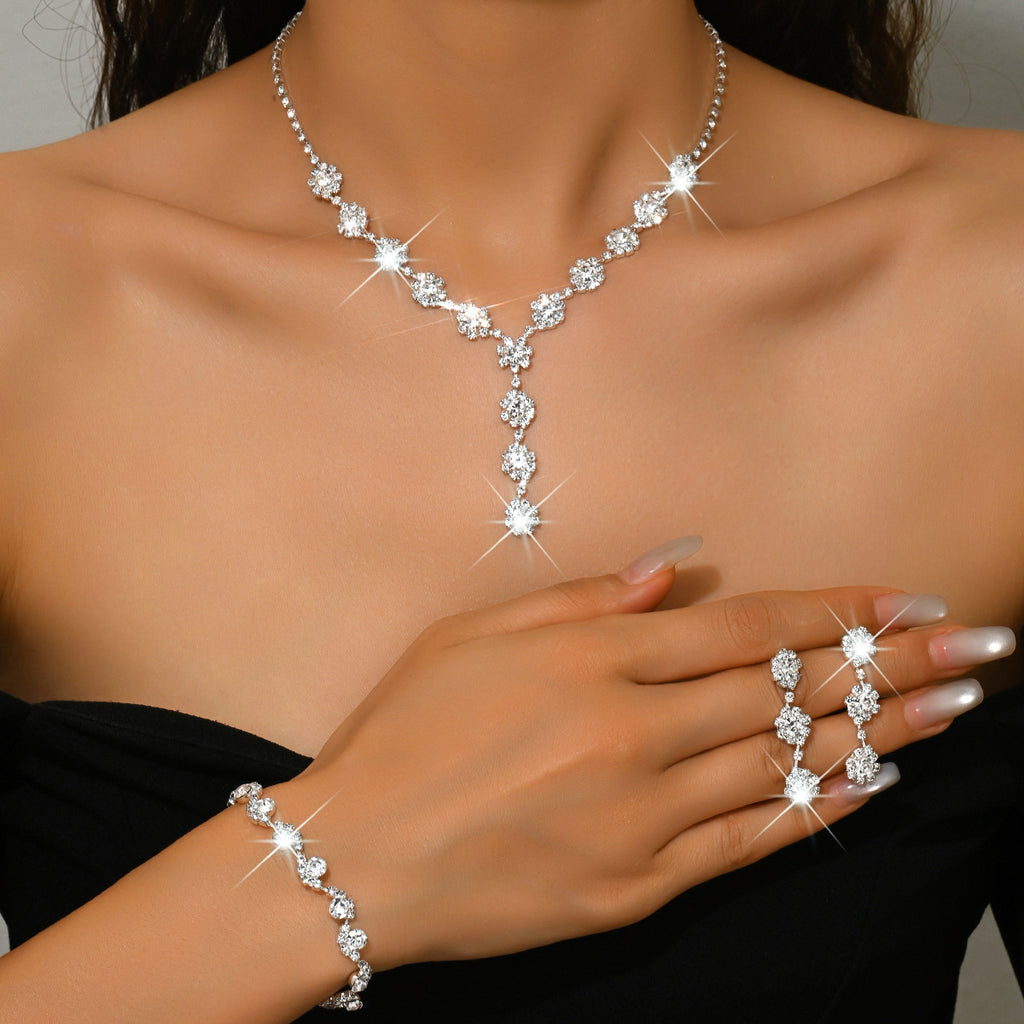 Gold Pearl Rhinestone Jewelry Set Necklace Bracelet Earrings for Wedding or Party