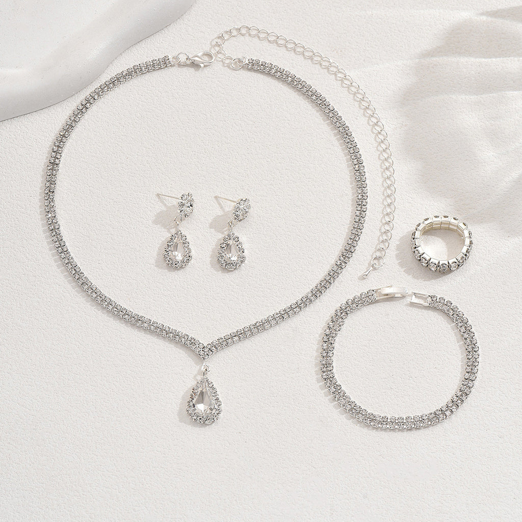 4 Piece Gold Rhinestone Jewelry Set Necklace Earrings Bracelet and Ring for Brides