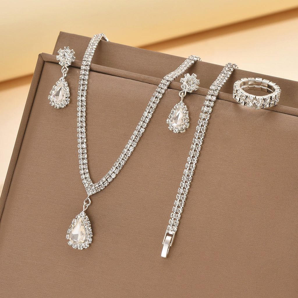 4 Piece Gold Rhinestone Jewelry Set Necklace Earrings Bracelet and Ring for Brides