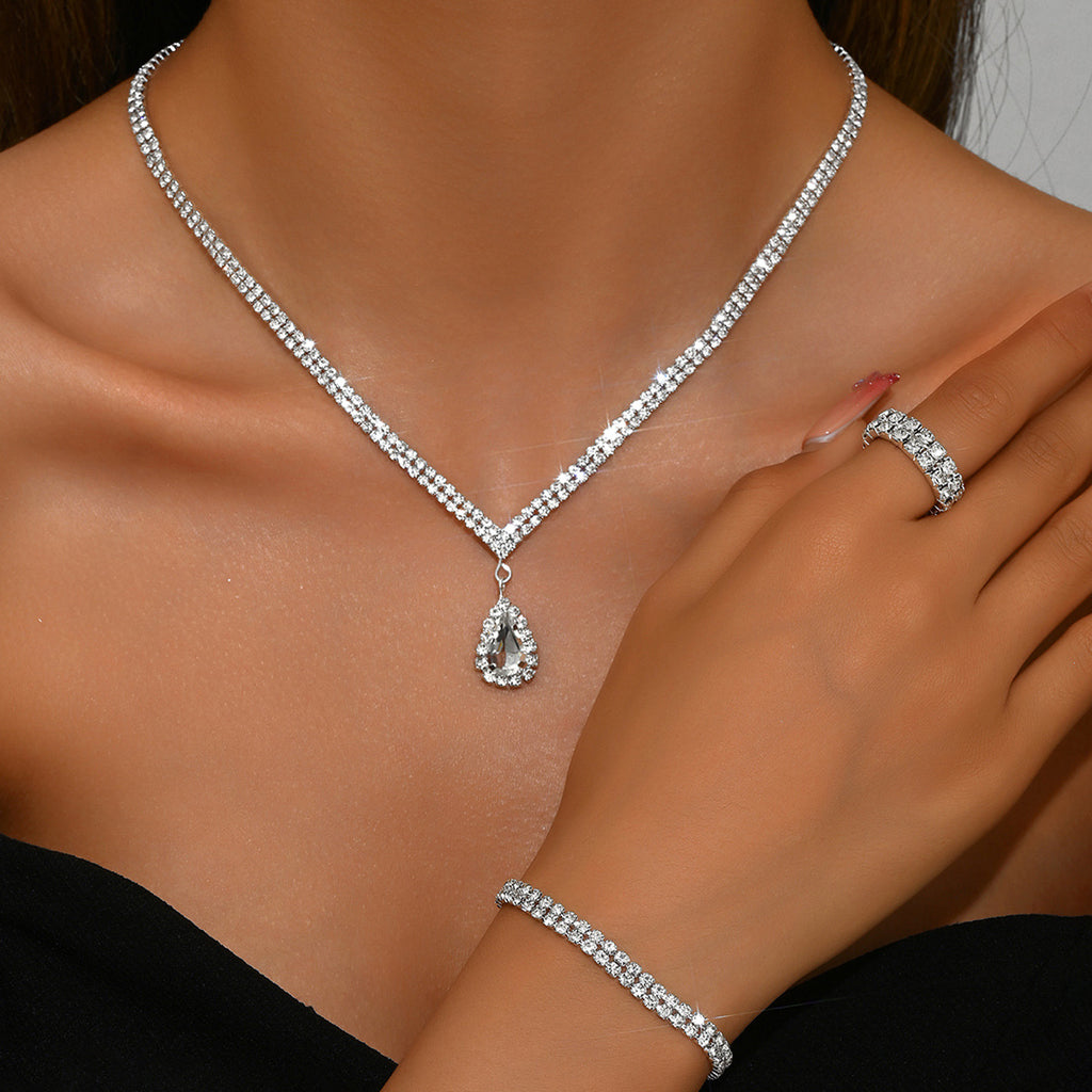 4 Piece Gold Rhinestone Jewelry Set Necklace Earrings Bracelet and Ring for Brides