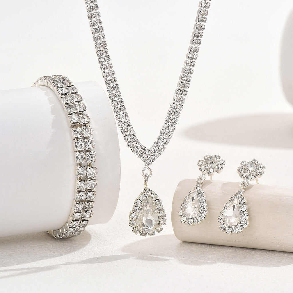 4 Piece Gold Rhinestone Jewelry Set Necklace Earrings Bracelet and Ring for Brides