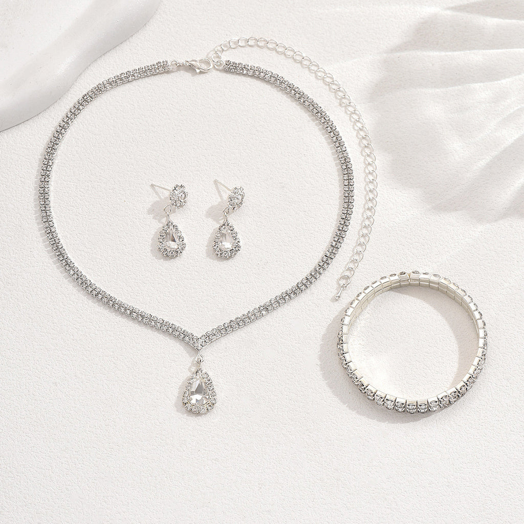 4 Piece Gold Rhinestone Jewelry Set Necklace Earrings Bracelet and Ring for Brides